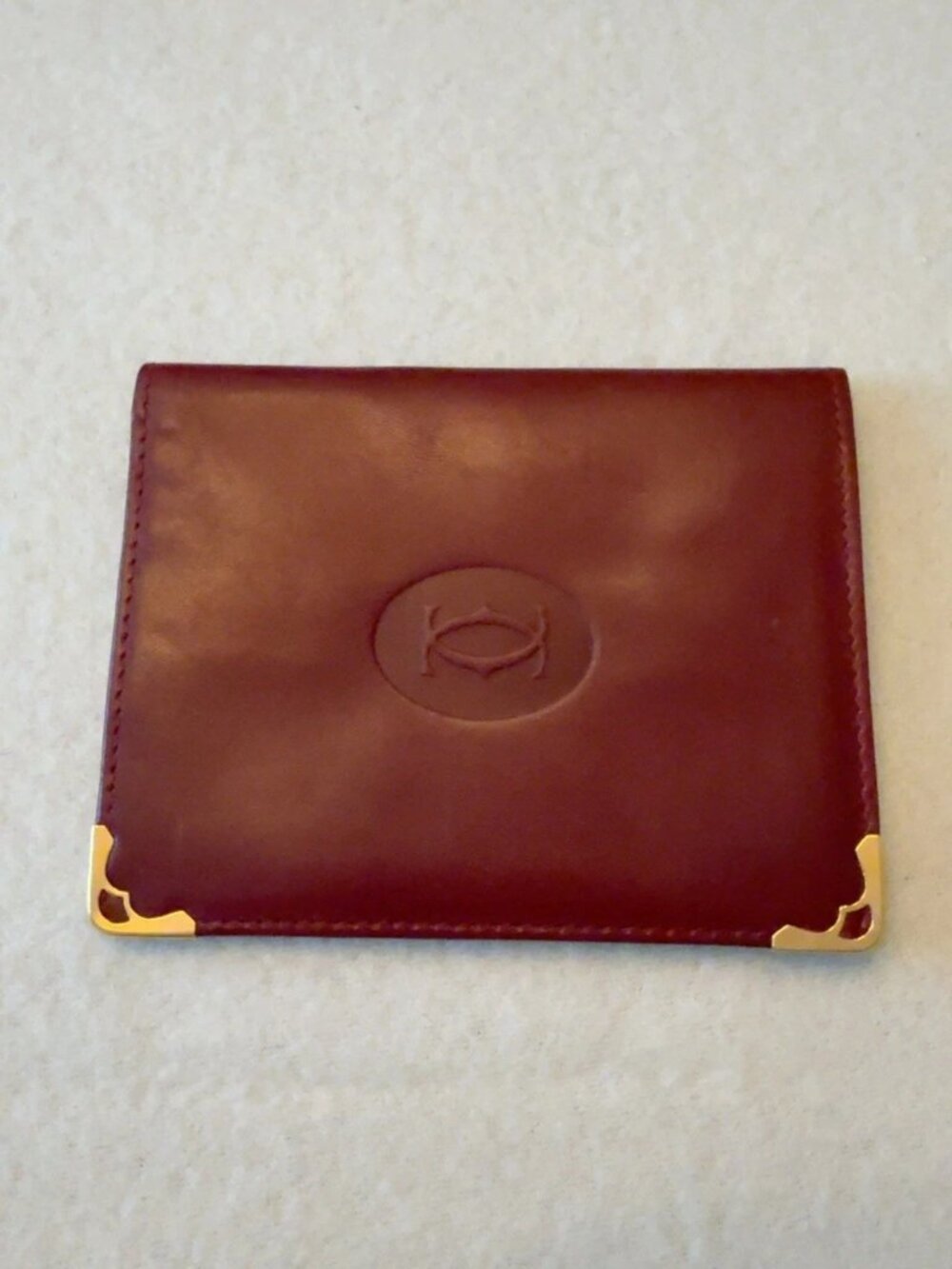 Vintage Must de Cartier Burgundy Leather Wallet Gold Corners Authentic Certified